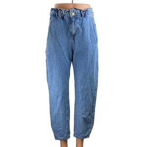 Zara Women's Blue High Waist Wide Tapered Barrel Paperbag Denim Jeans Pants 34